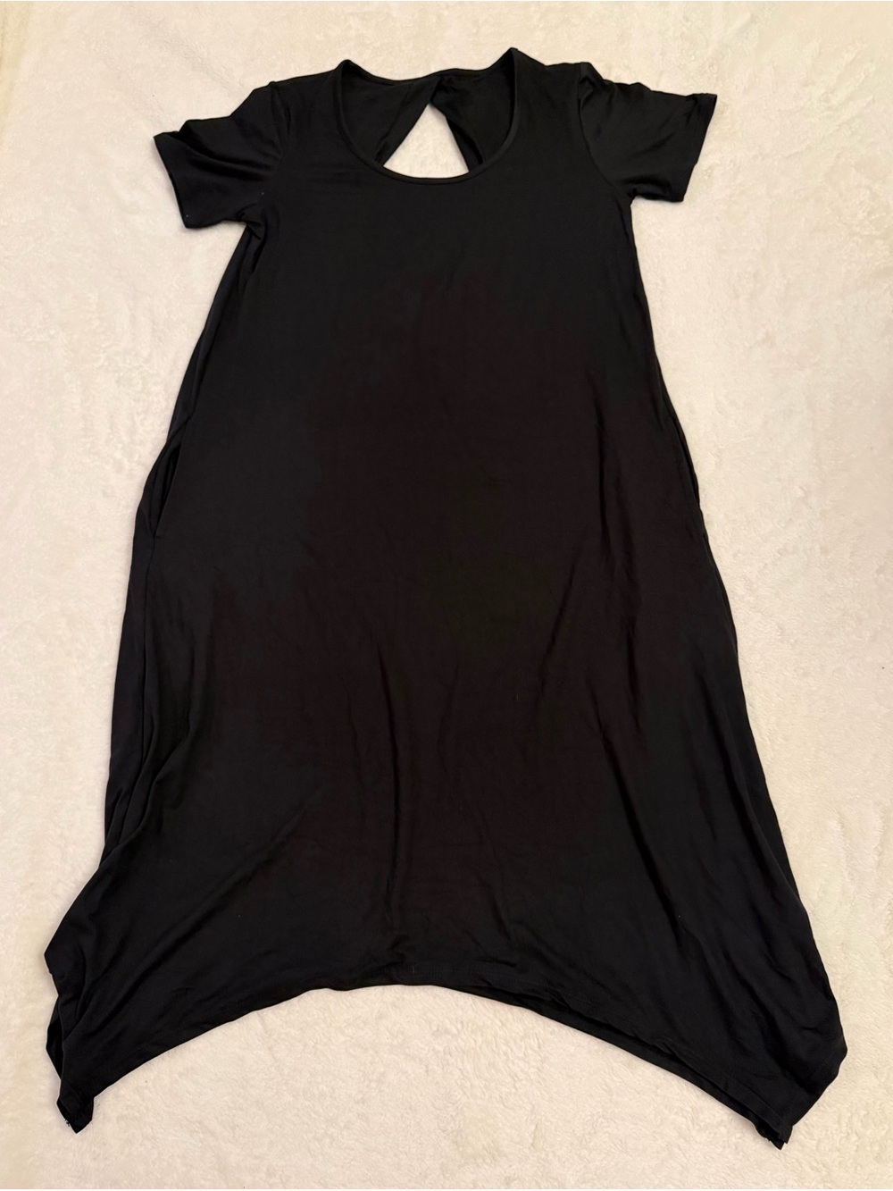 Cuddl Duds Flexwear Dress Small Black Short Sleeve Hanky Hem Twist Back Pockets